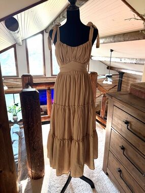 Trixxi Camel Tie-Shoulder Tiered Maxi Dress